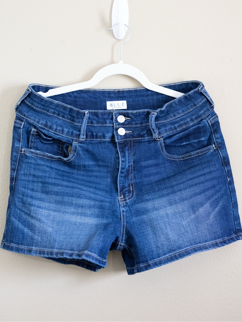 Blue Artemis Denim Shorts Double Button Mid Rise Stretch Size 12